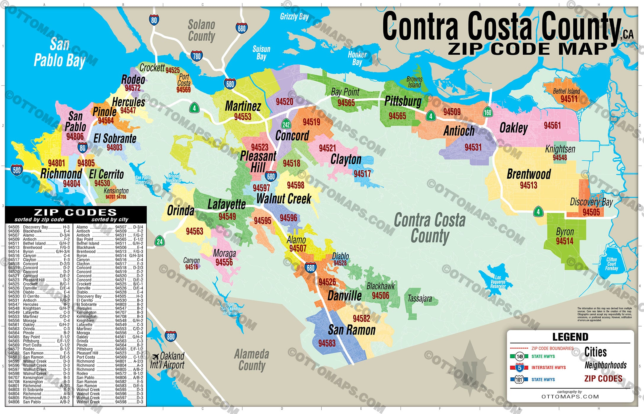 Contra Costa County Zip Code Map - PDF, editable, royalty free