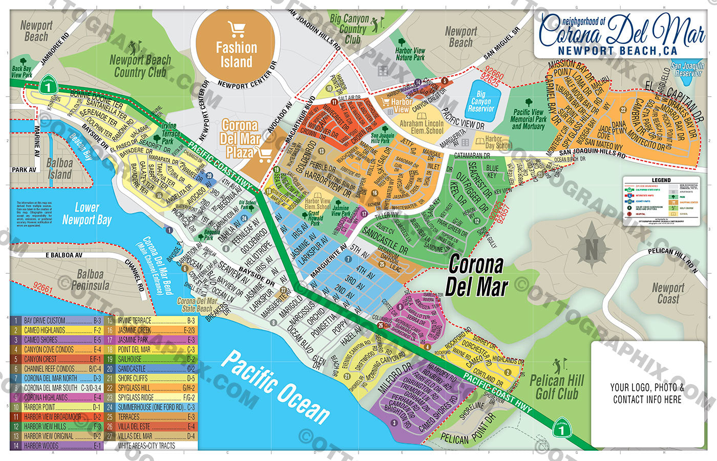 Corona Del Mar Map, Orange County, CA - FILES - PDF and AI, editable, vector, royalty free