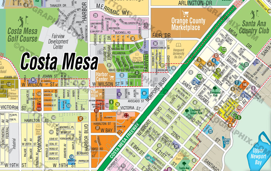 Costa Mesa Map, Orange County, CA - FILES - PDF and AI, editable, vector, royalty free