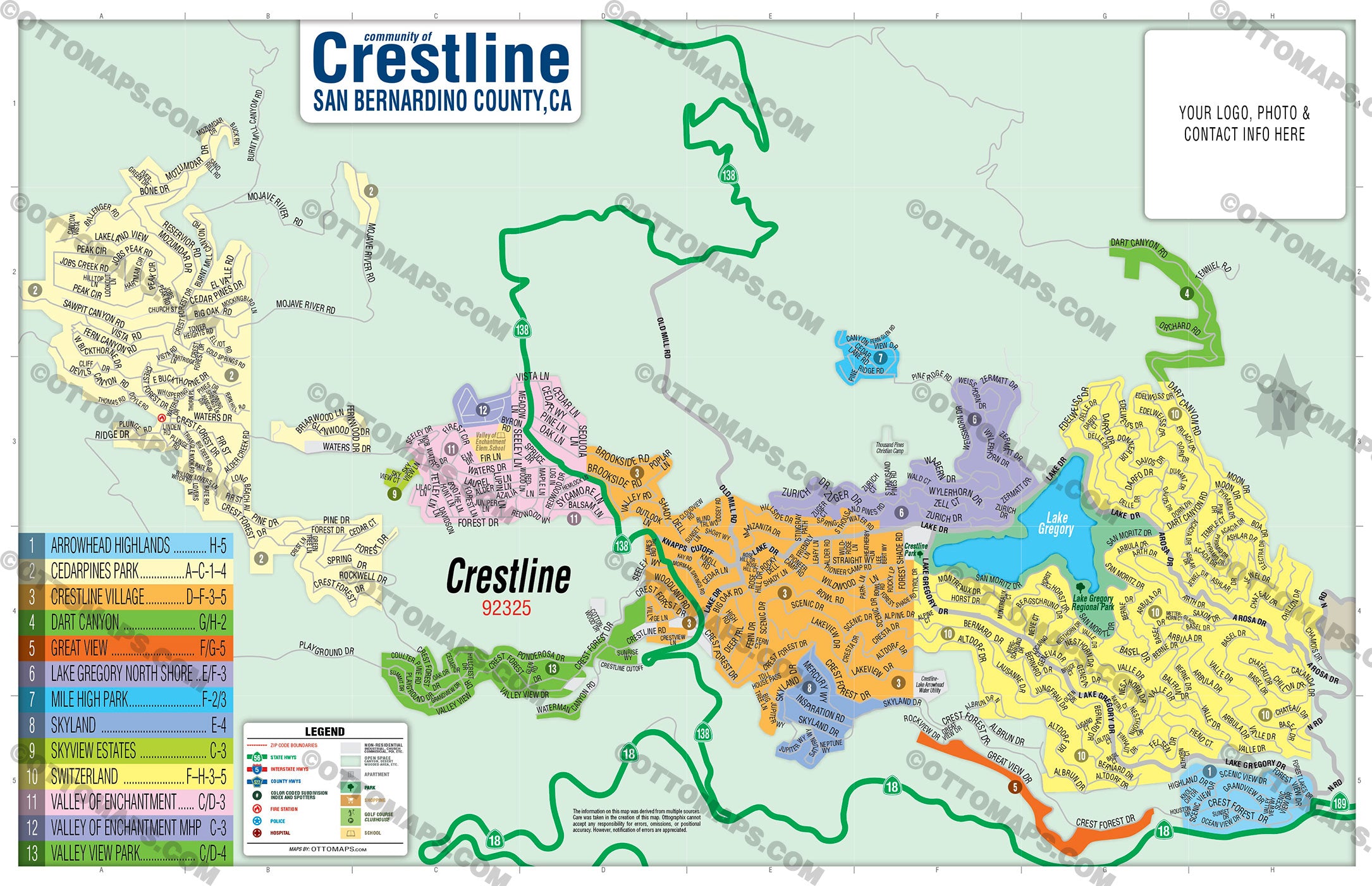 Crestline Map, San Bernardino County, CA - FILES - PDF and AI, editable, vector, royalty free