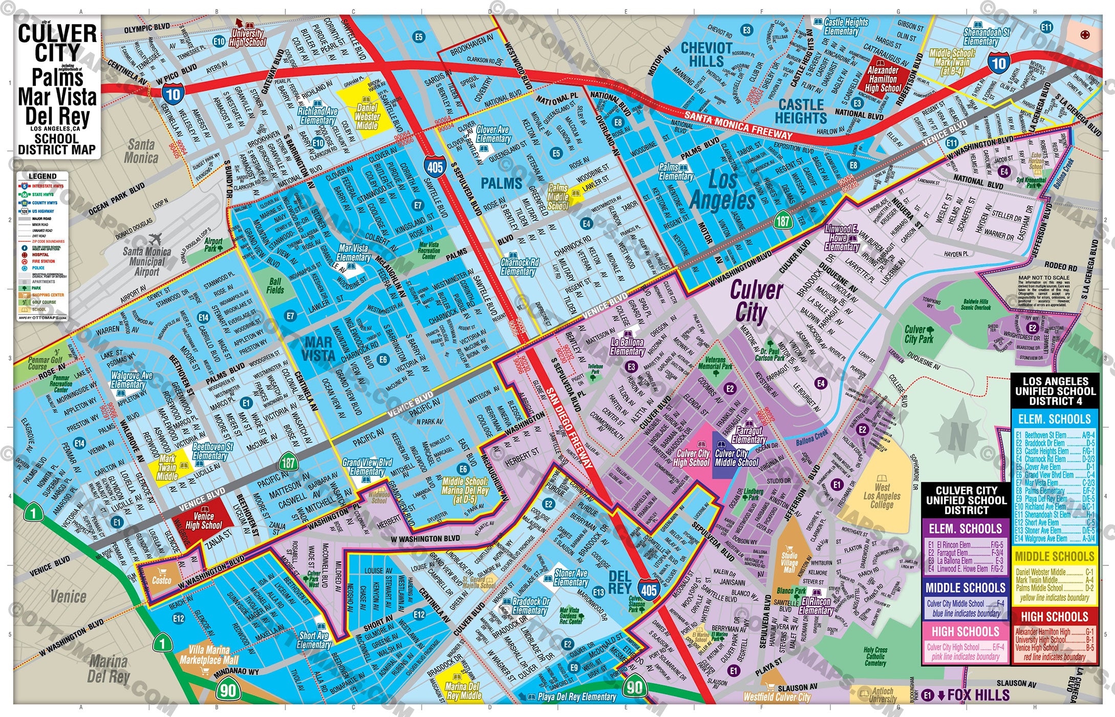 Culver City, Palms, Mar Vista, Del Rey School District Map - PDF, editable, royalty free