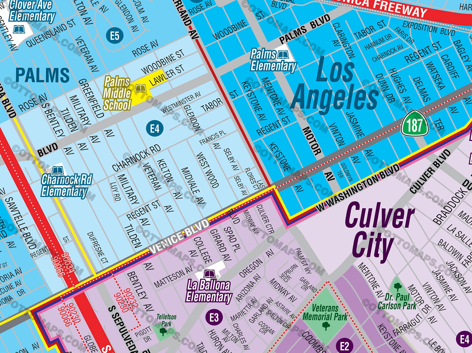 Culver City, Palms, Mar Vista, Del Rey School District Map - FILES - PDF and AI, editable, vector, royalty free
