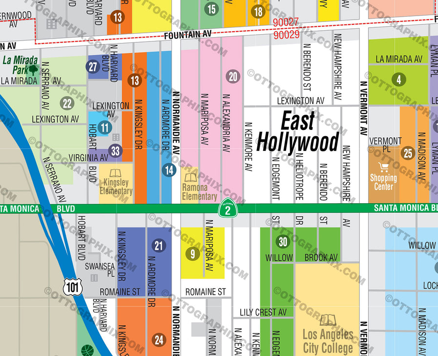 East Hollywood Map, Los Angeles County, CA