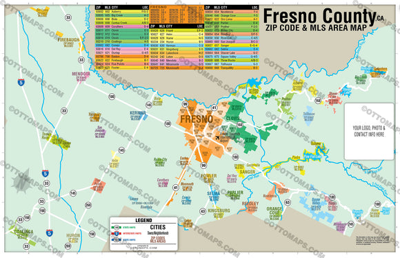 Fresno County Combo Map - Zip Codes and MLS Areas - PDF, editable, royalty free