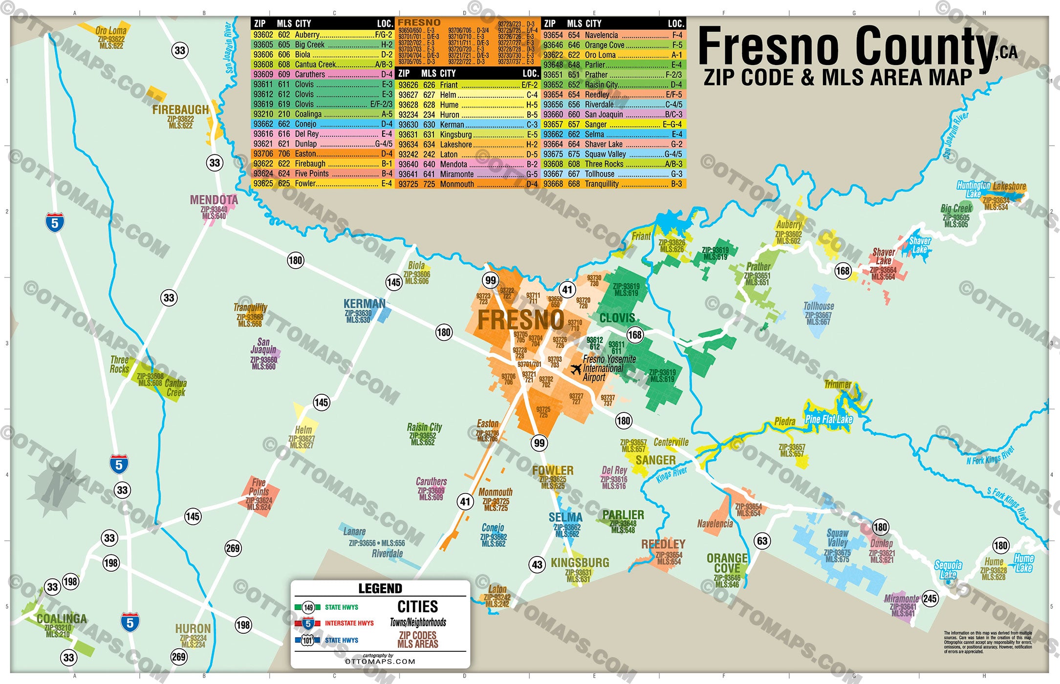 Fresno County Combo Map - Zip Codes and MLS Areas - PDF, editable, royalty free