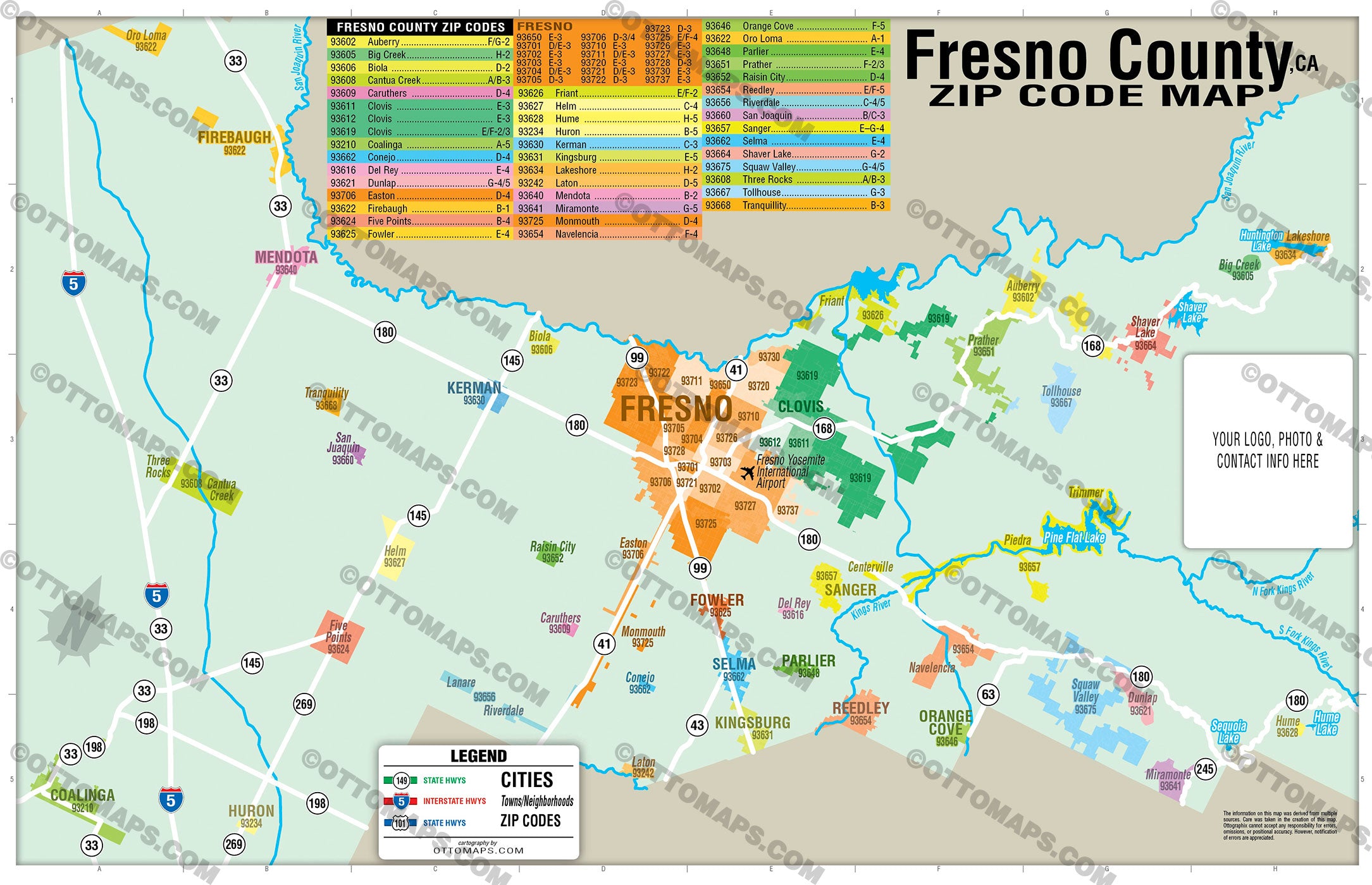 Fresno County Zip Code Map - PDF, editable, royalty free