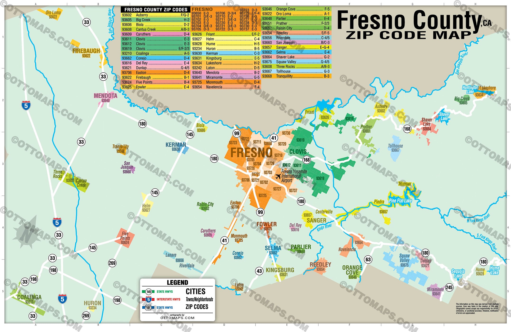 Fresno County Zip Code Map - PDF, editable, royalty free