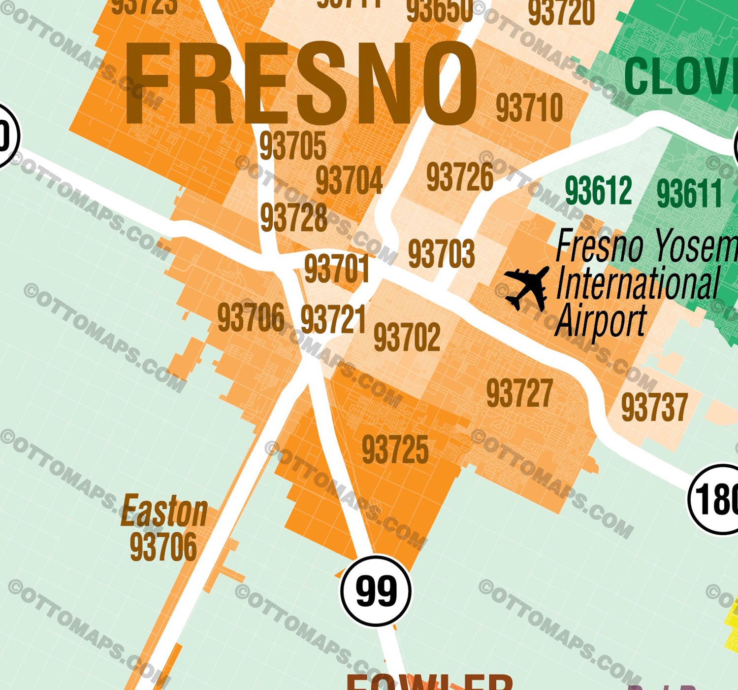 Fresno County Zip Code Map - PDF, editable, royalty free