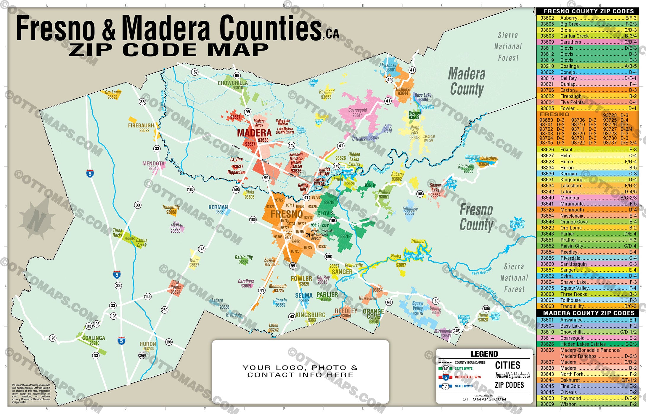 Madera County and Fresno County Zip Code Map - PDF, editable, royalty free