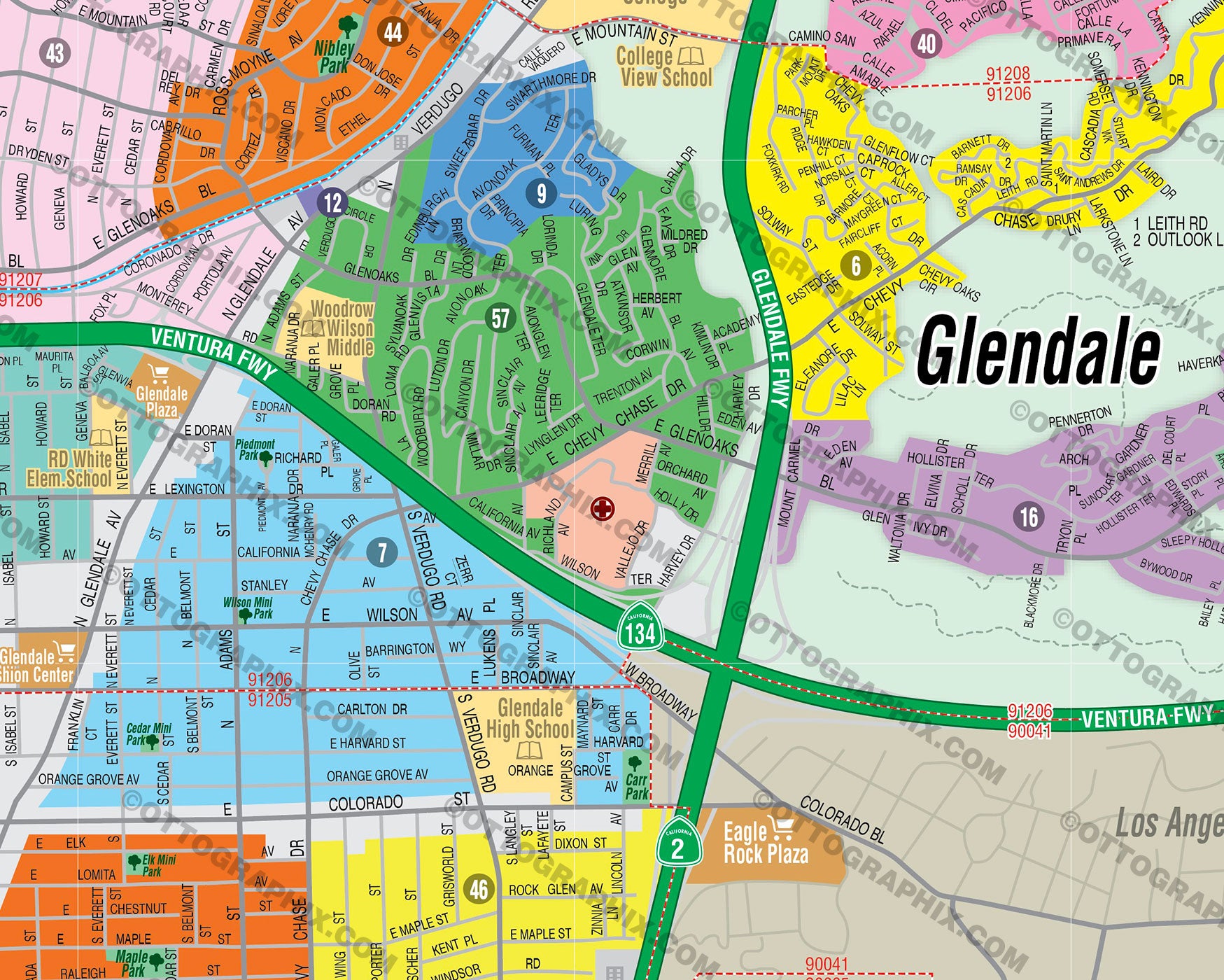 Glendale Map, Los Angeles County, CA