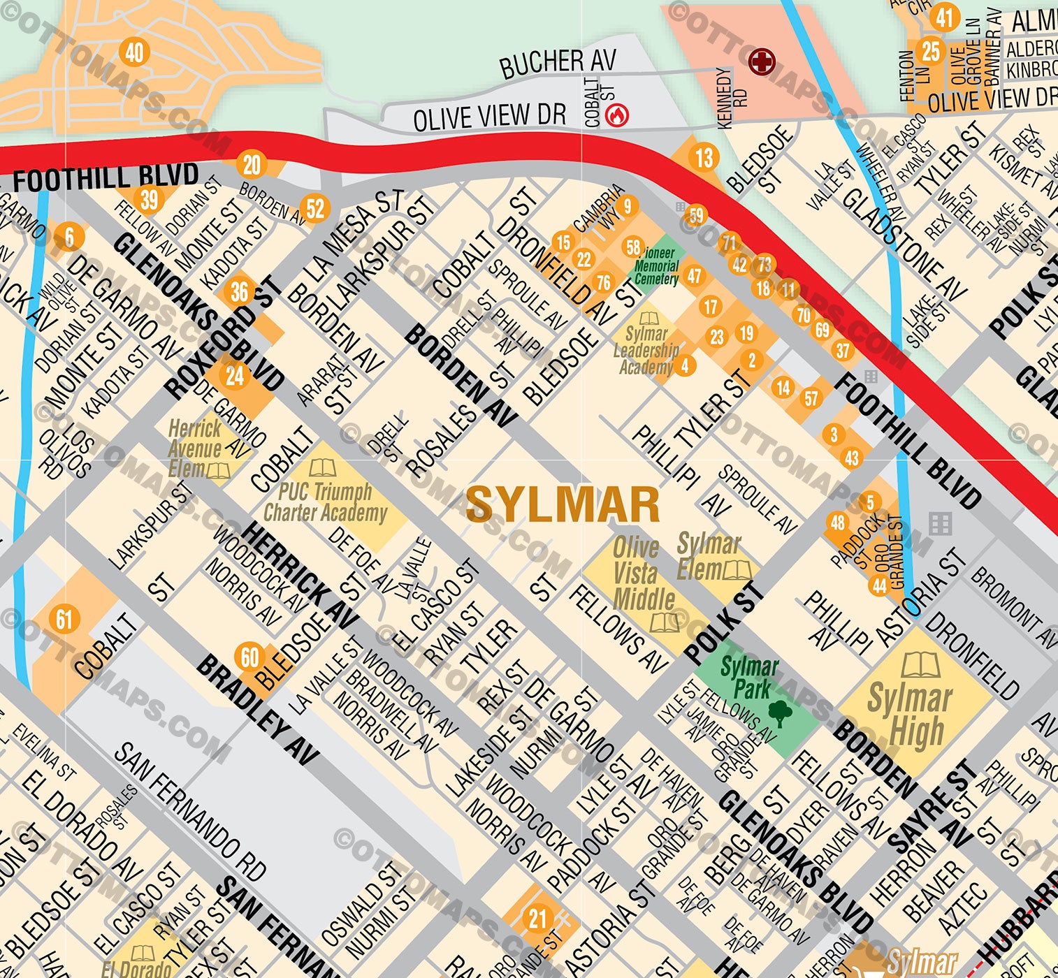 Granada Hills and Sylmar Map, includes San Fernando, Los Angeles, CA - FILES - PDF and AI, editable, vector, royalty free