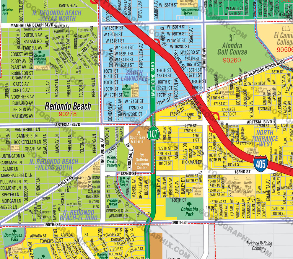 Greater South Bay Map, Los Angeles County, CA - FILES - PDF and AI, editable, vector, royalty free