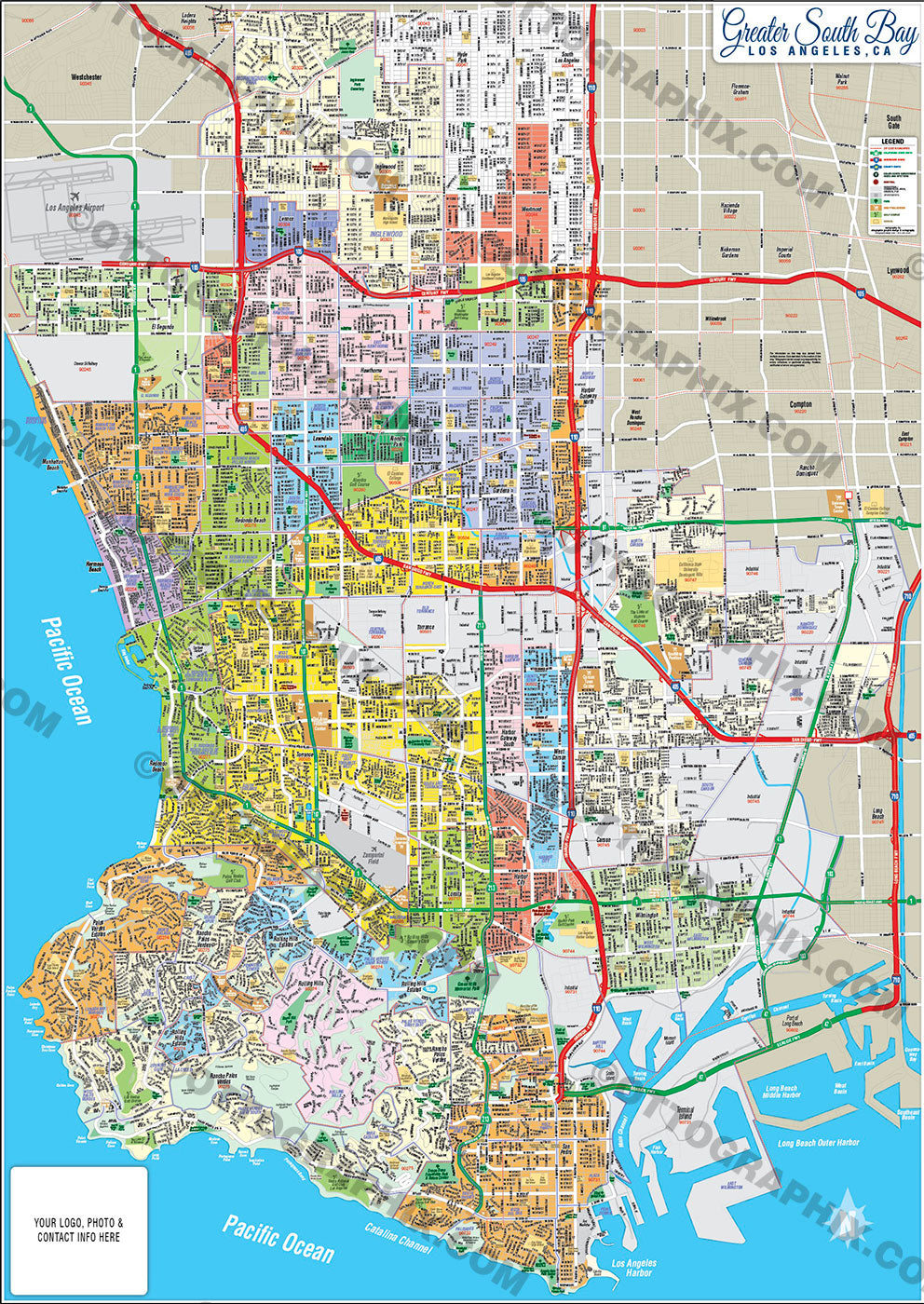 Greater South Bay Map, Los Angeles County, CA - FILES - PDF and AI, editable, vector, royalty free