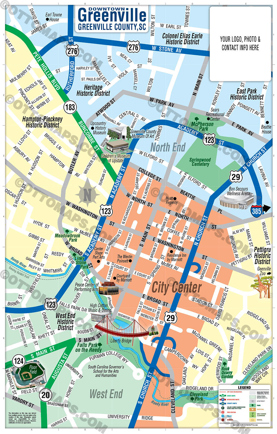 Greenville Downtown Map, South Carolina - FILES - PDF and AI, editable, vector, royalty free