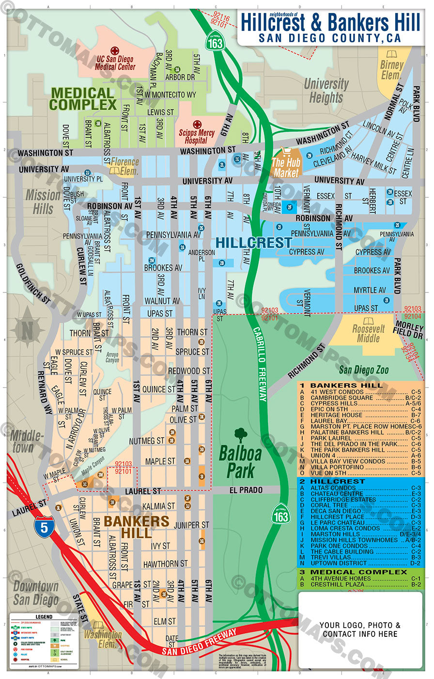 Hillcrest and Bankers Hill Map - PDF, editable, royalty free