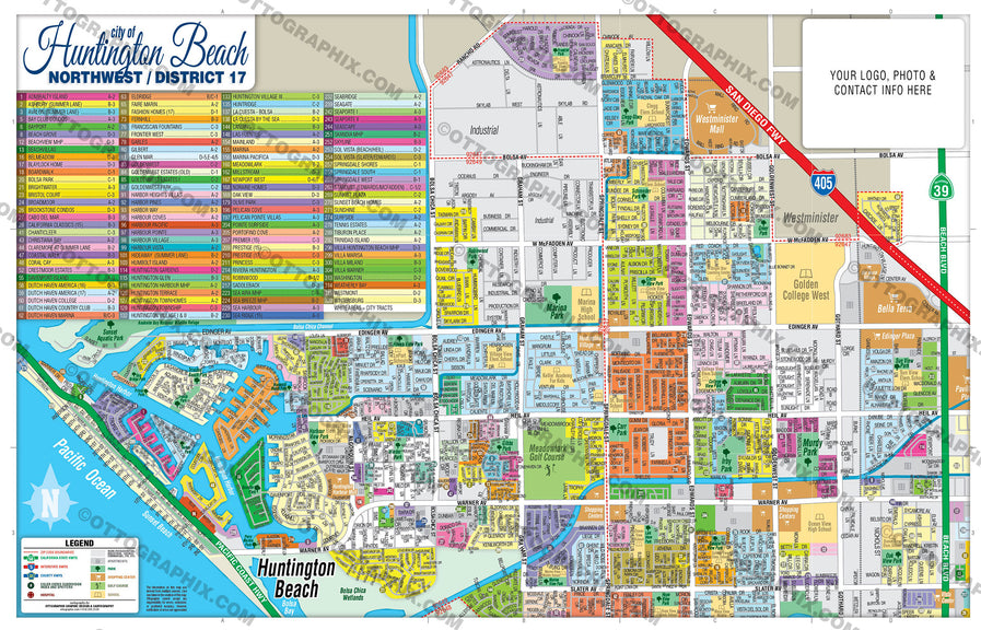 Huntington Beach Map - ALL MAPS (6 options: Full, North & South, Districts 14, 15 & 17), Orange County, CA - FILES - PDF and AI, editable, vector, royalty free