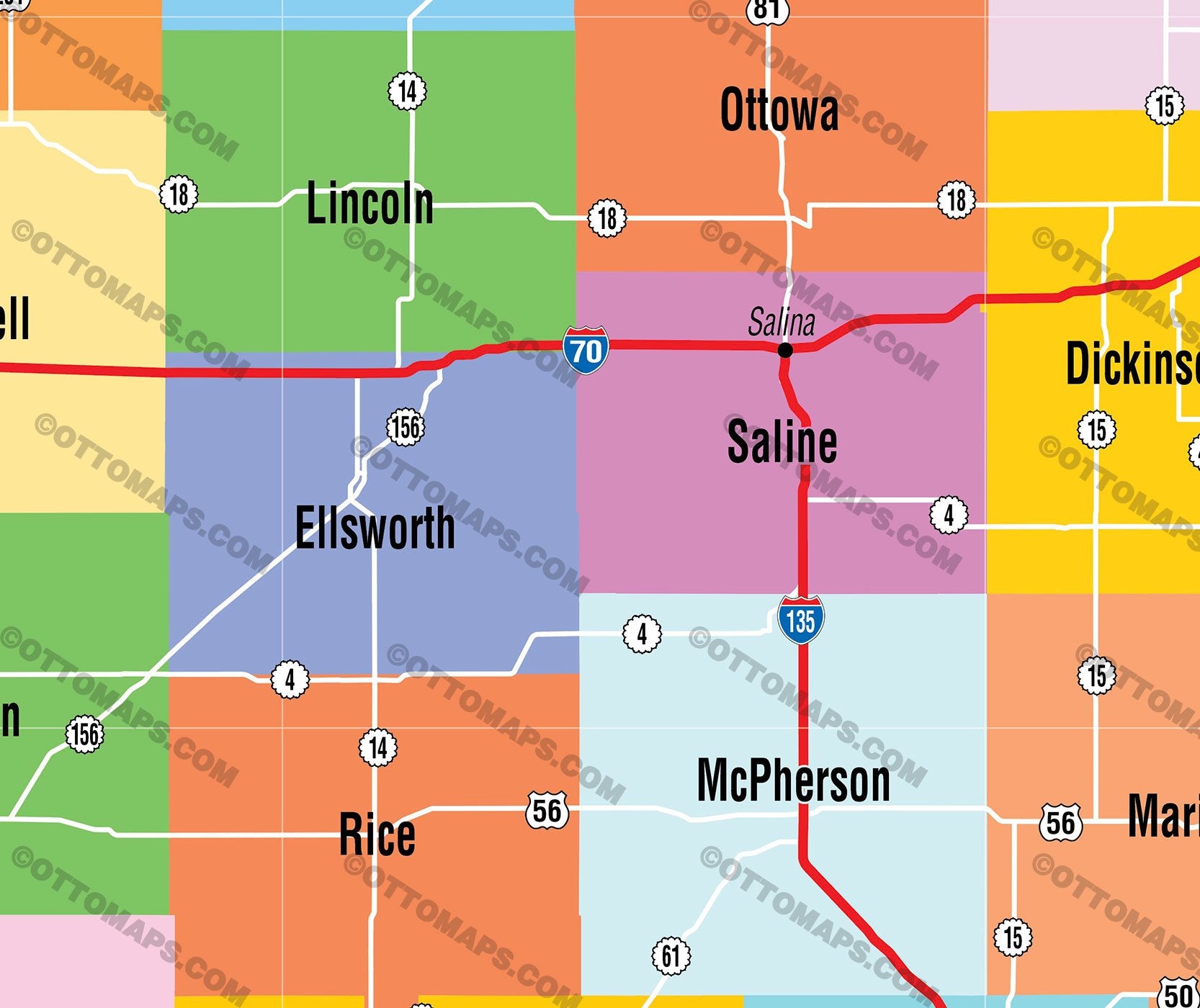 Kansas State Map with County Boundaries - PDF, editable, royalty free