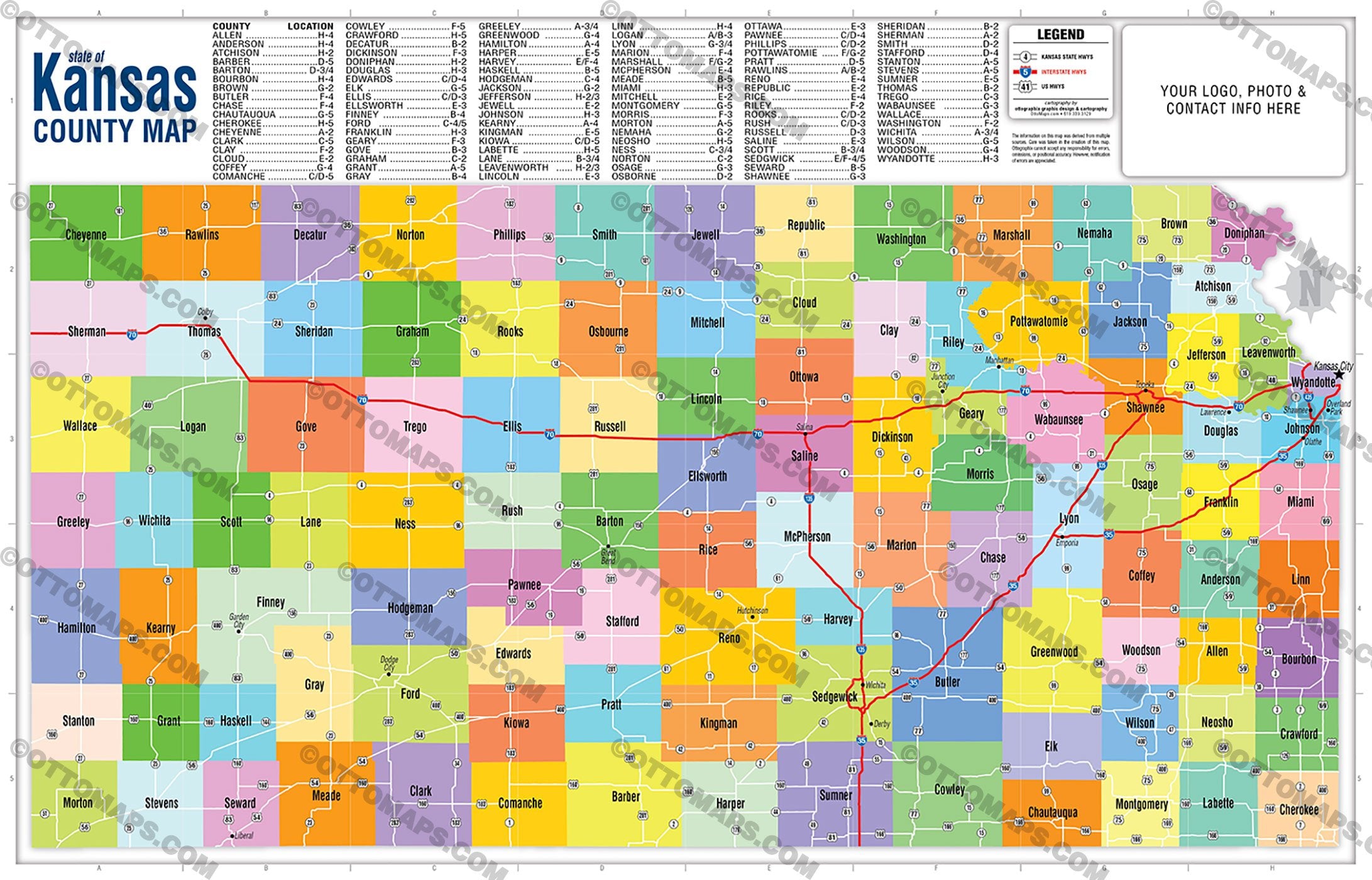 Kansas State Map - County Boundaries - FILES - PDF and AI, editable, vector, royalty free