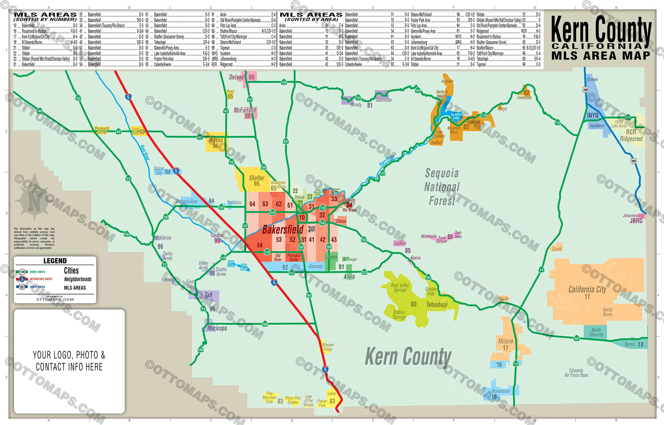 Kern County MLS Area Map - California - FILES - PDF and AI, editable, vector, royalty free