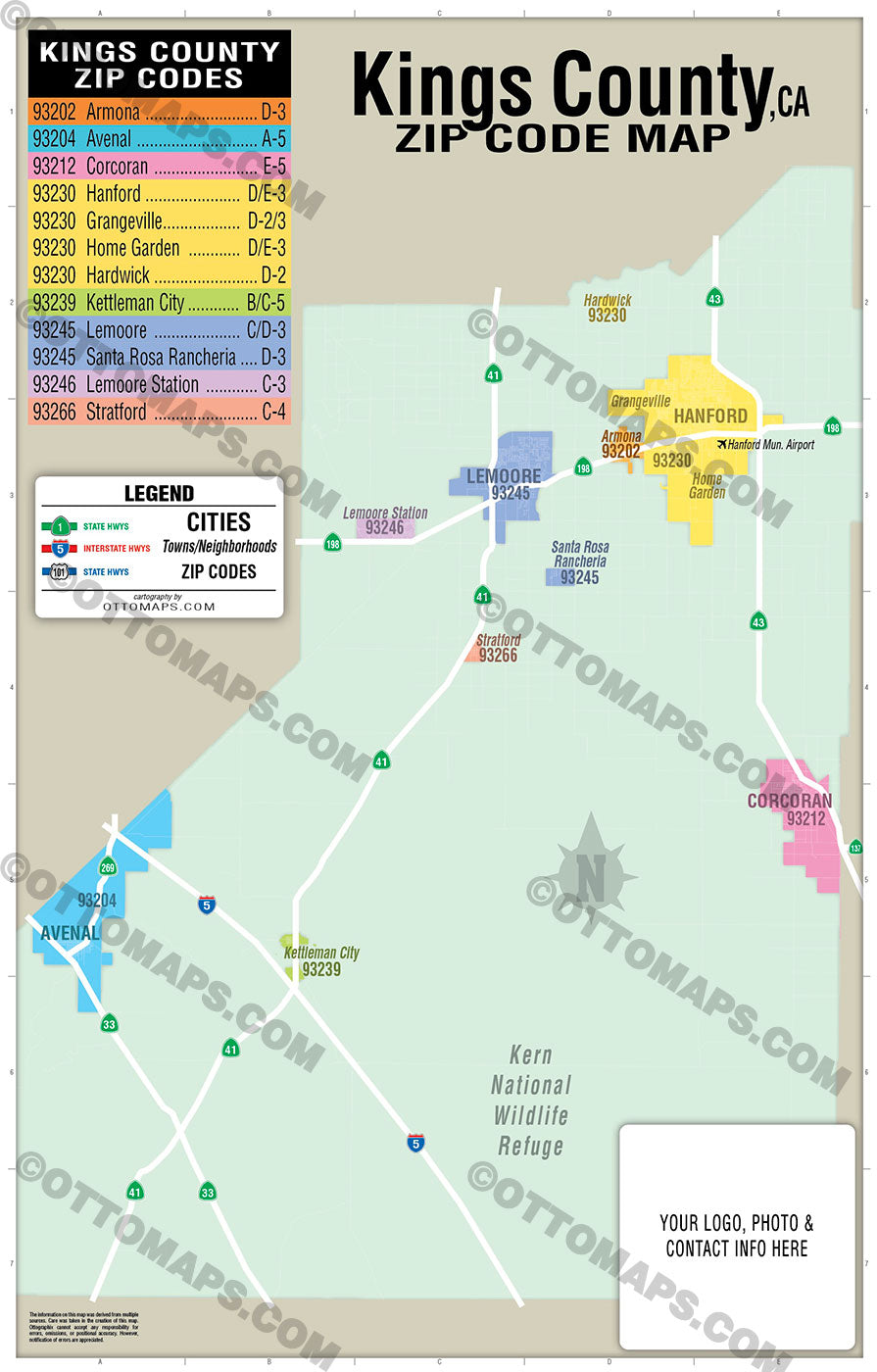 Kings County Zip Code Map - PDF, editable, royalty free