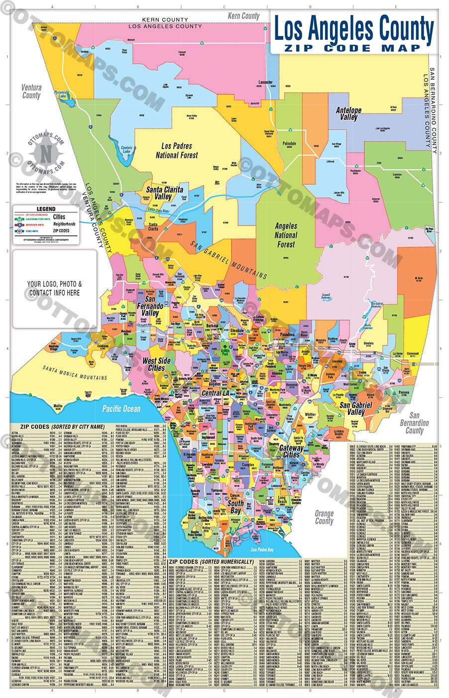 Los Angeles Zip Code Map - FULL (Zip Codes Colored) - FILES - PDF and AI, editable, vector, royalty free