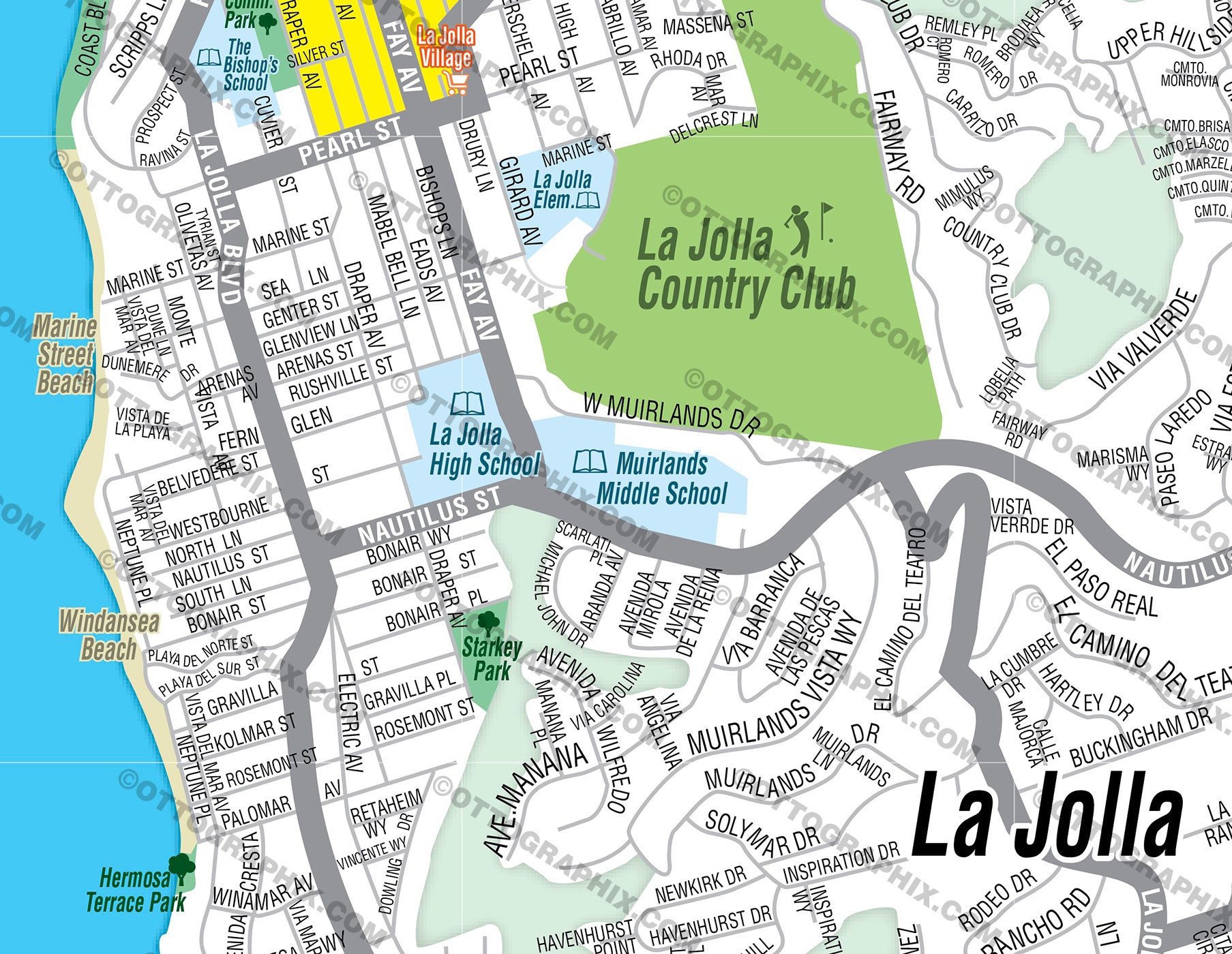 La Jolla Map with Street Index, San Diego County, CA