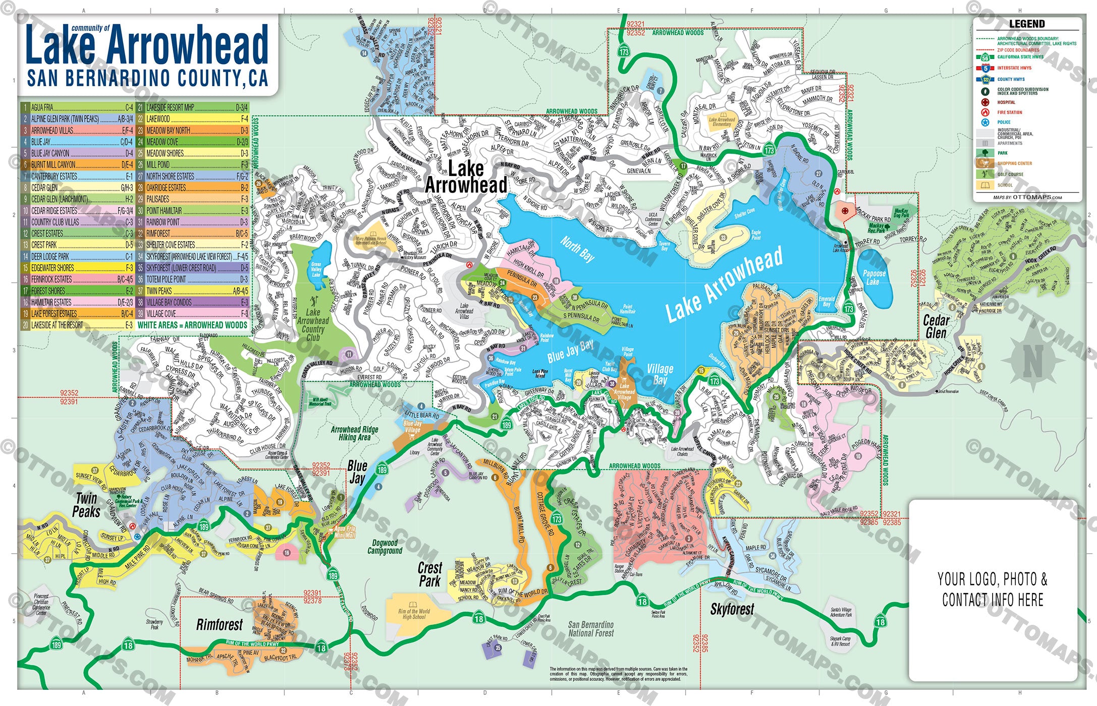 Lake Arrowhead Map - PDF, editable, royalty free