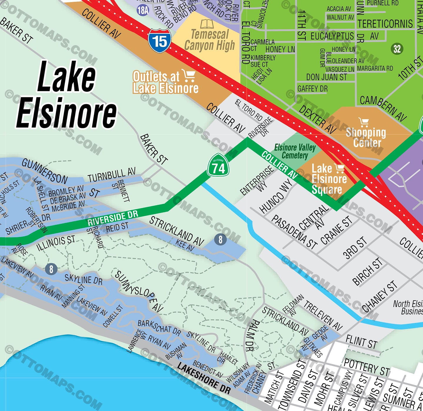 Lake Elsinore Map, Riverside County, CA - PDF, Editable, Royalty Free