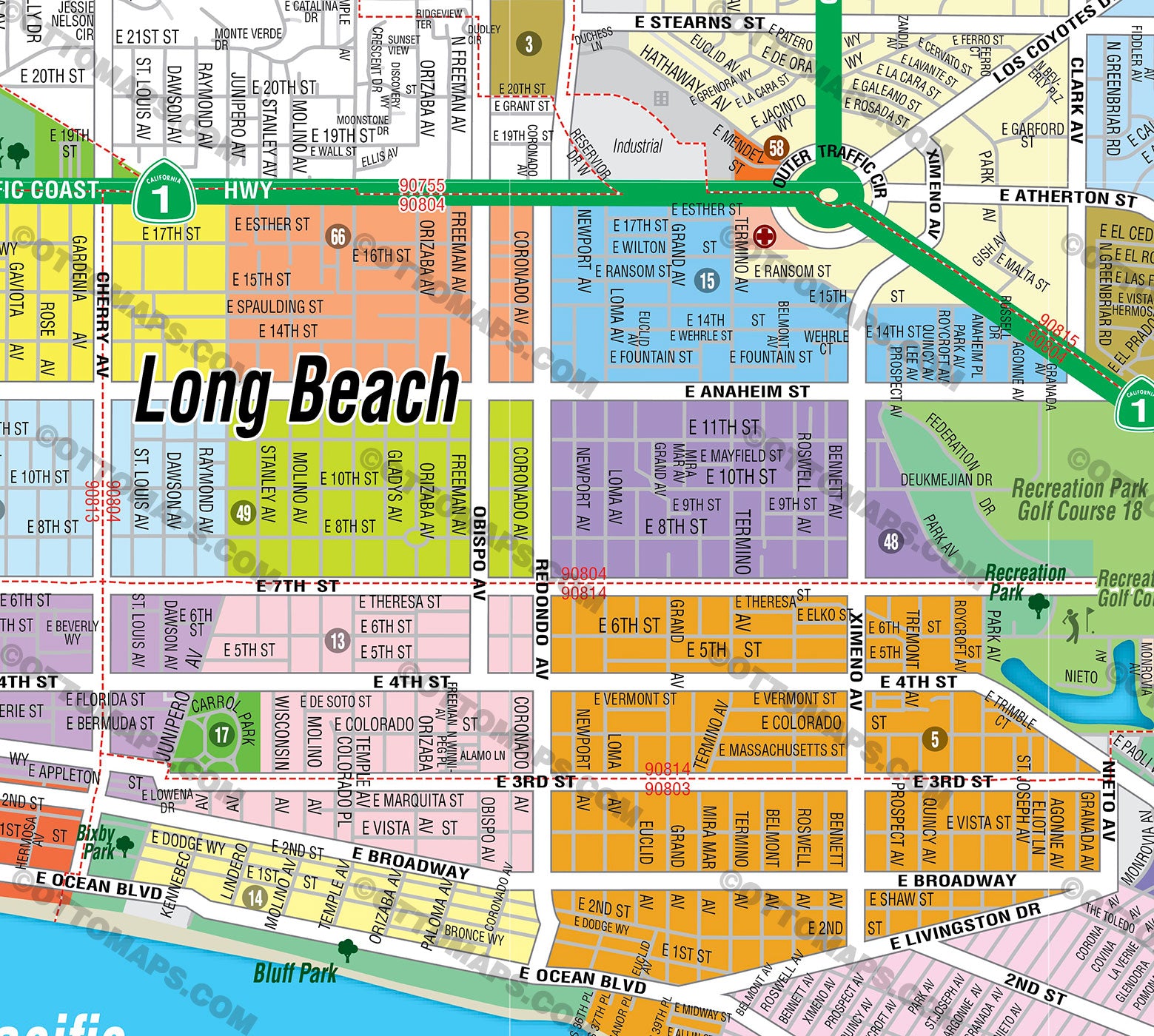 Long Beach Map - PDF, editable, royalty free