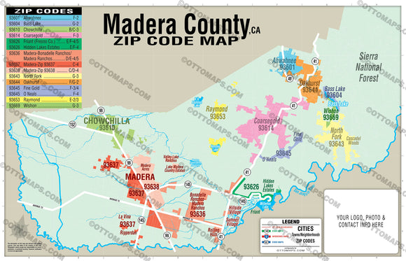 Madera County Zip Code Map - PDF, editable, royalty free