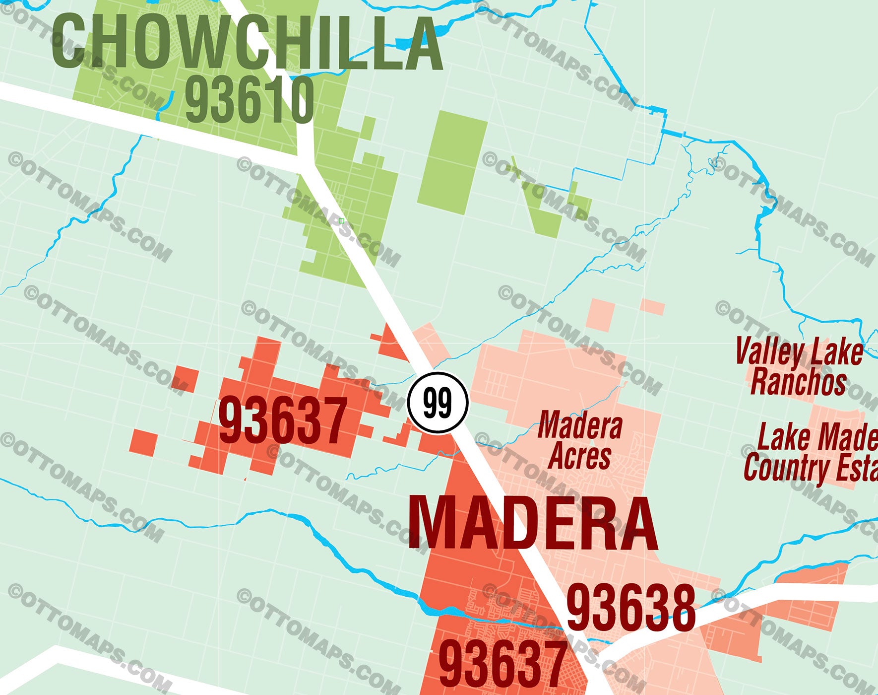 Madera County Zip Code Map - PDF, editable, royalty free