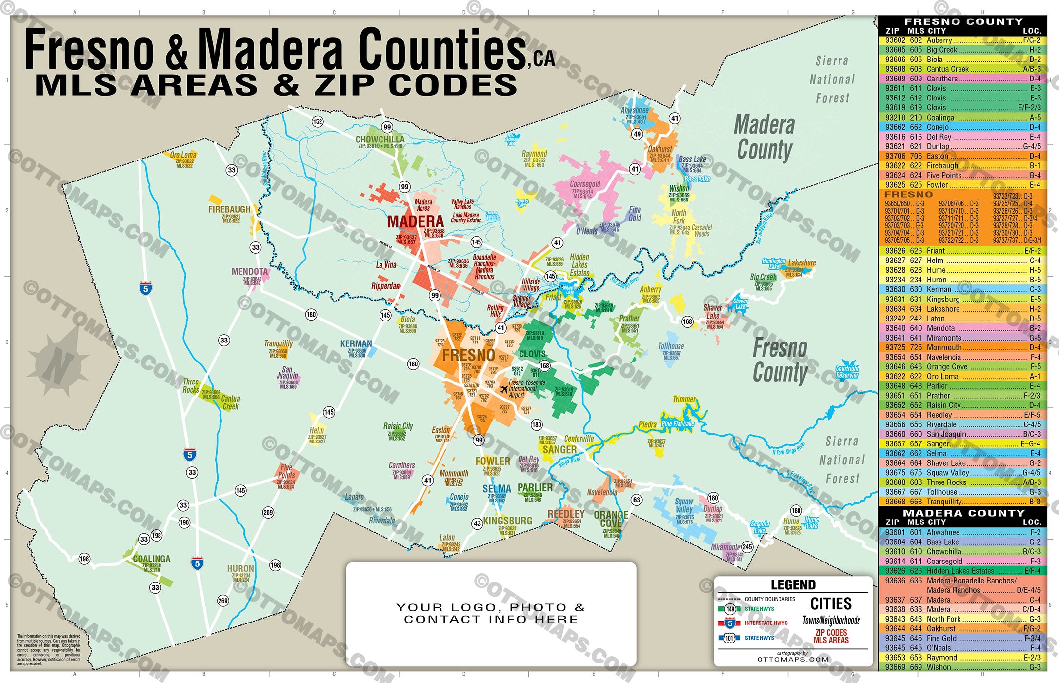 Fresno and Madera Counties Combo Map - Zip Codes and MLS Areas