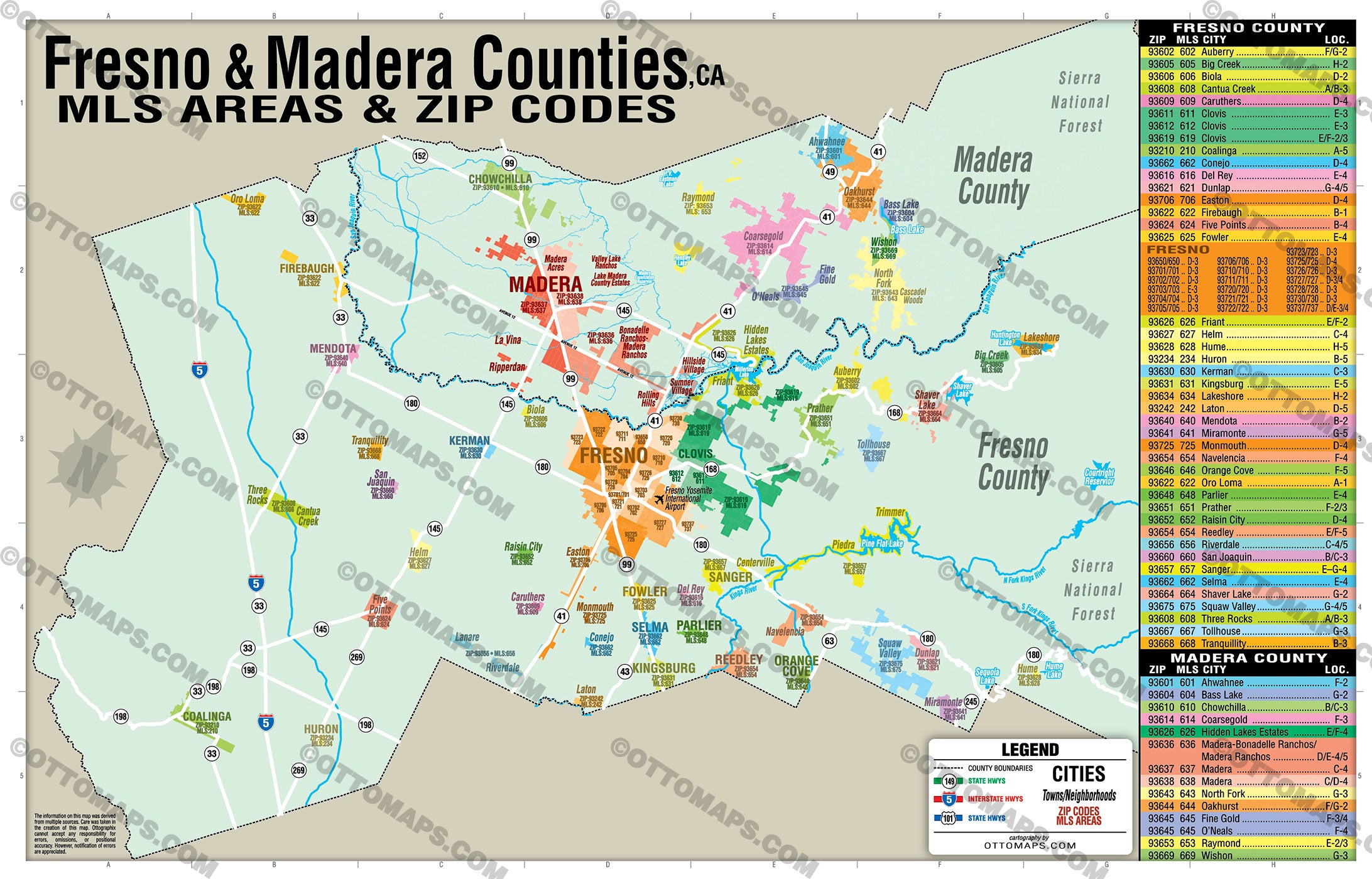 Madera and Fresno Counties Combo Map - Zip Codes and MLS Areas - PDF, editable, royalty free