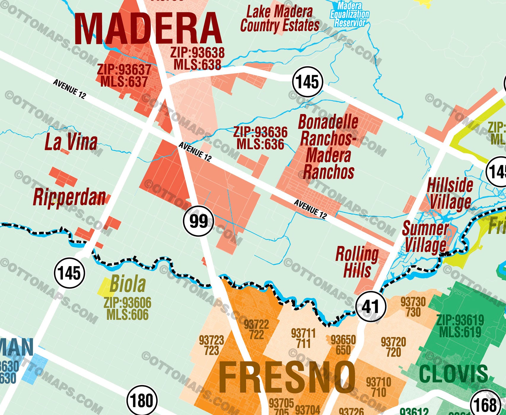 Madera and Fresno Counties Combo Map - Zip Codes and MLS Areas - PDF, editable, royalty free