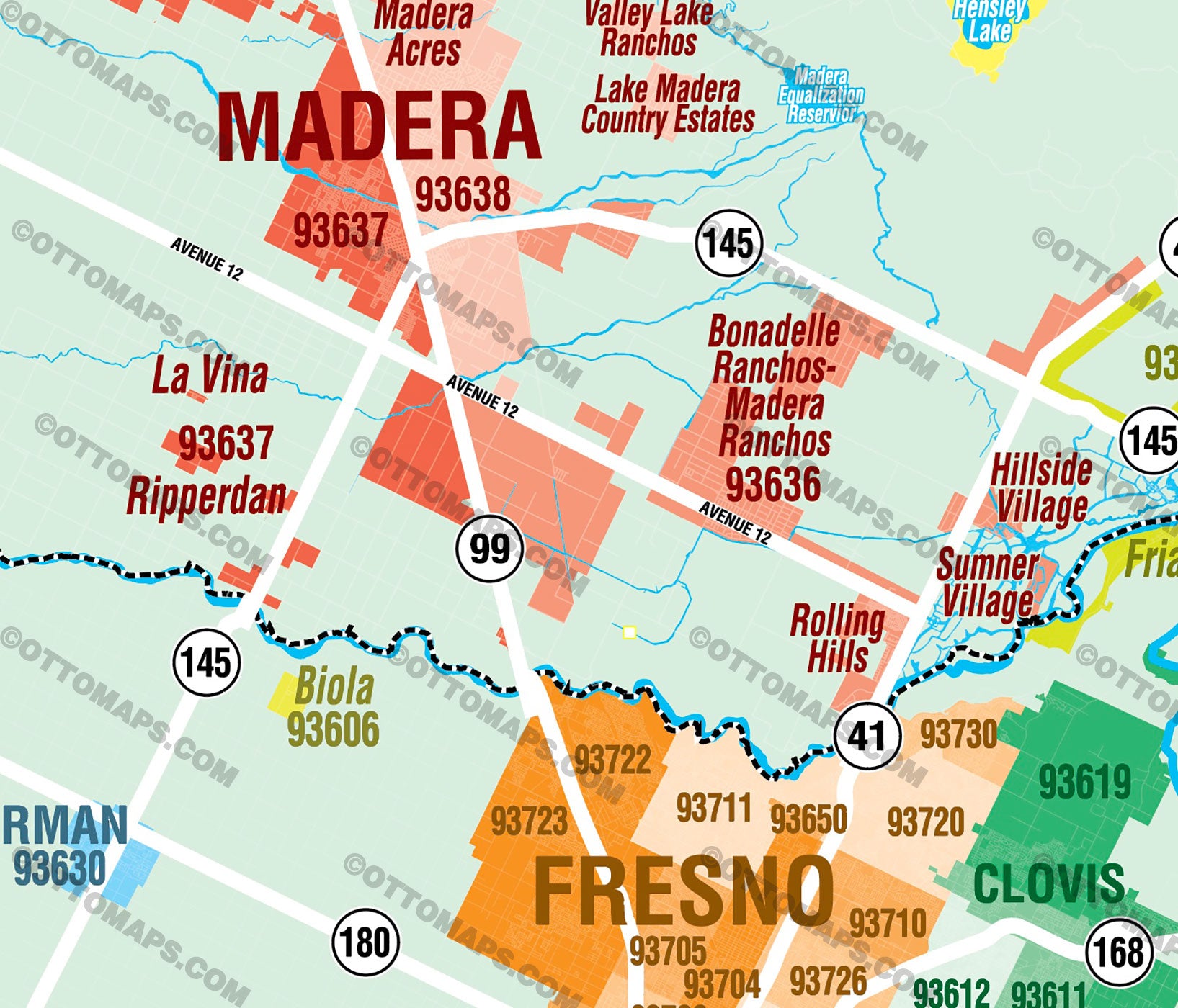 Madera County and Fresno County Zip Code Map - PDF, editable, royalty free