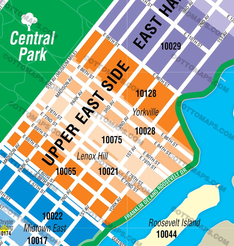 Manhattan Zip Code Map (Neighborhoods colorized) - FILES - PDF and AI, editable, layered, vector, royalty free