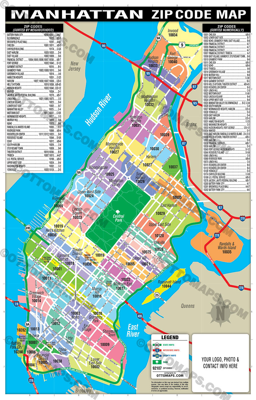 Manhattan Zip Code Map (Zip Codes colorized) - FILES - PDF and AI, editable, layered, vector, royalty free