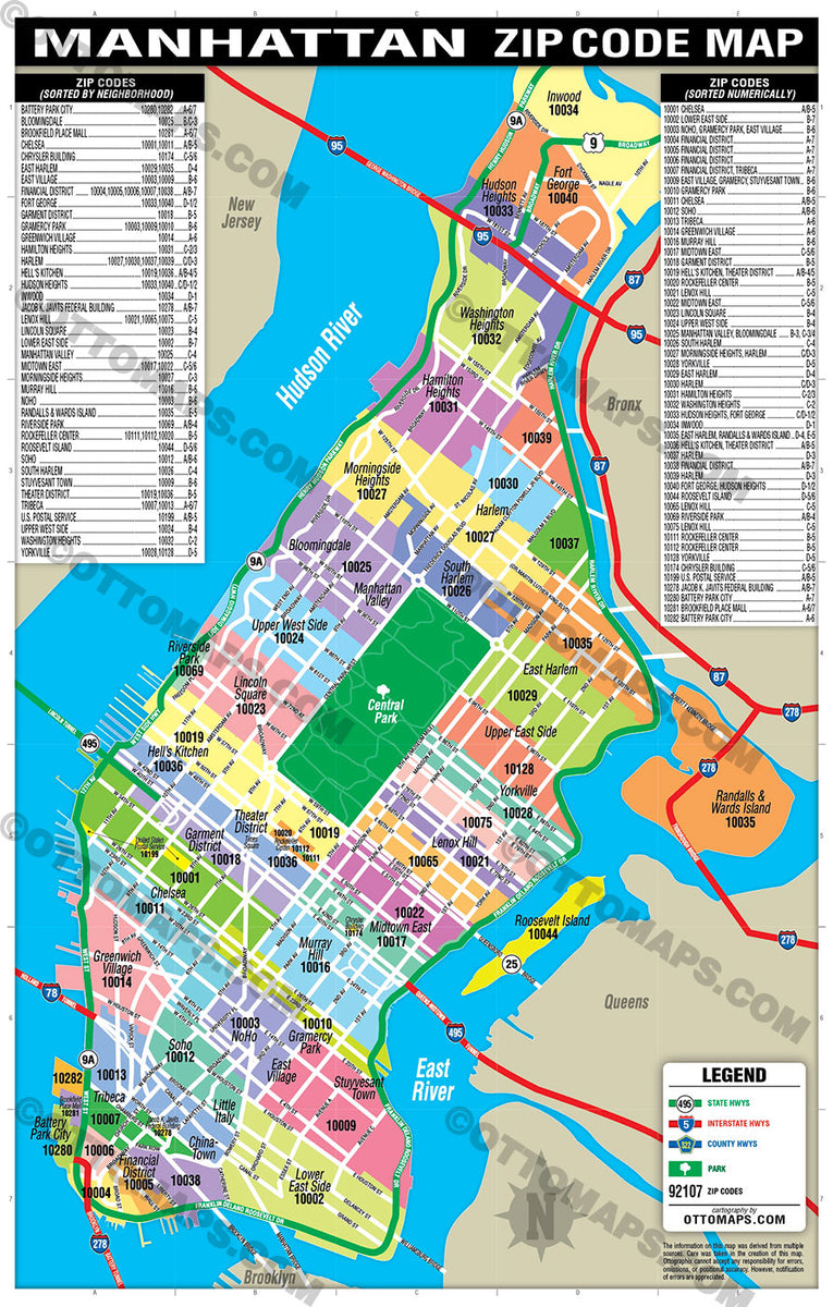 Manhattan Zip Code Map (Zip Codes colorized) - FILES - PDF and AI, edi ...