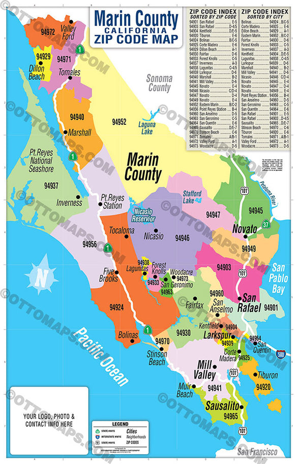 Marin County Zip Code Map - PDF, editable, royalty free