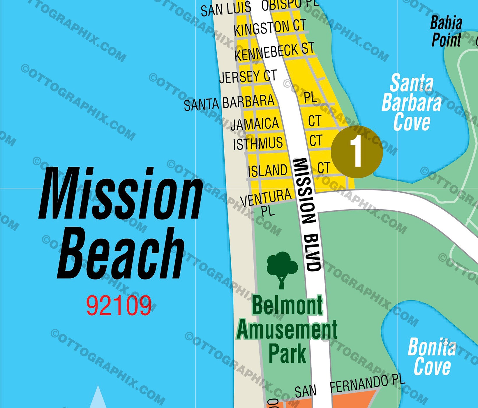 Mission Beach Map, San Diego County, CA