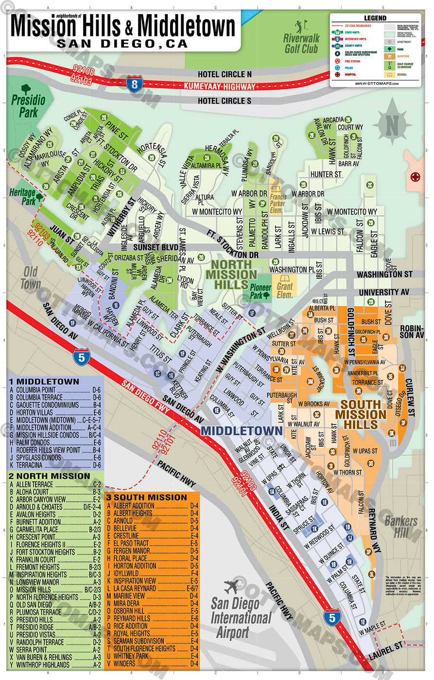 Mission Hills Map and Middletown San Diego Map - PDF, editable, royalty free