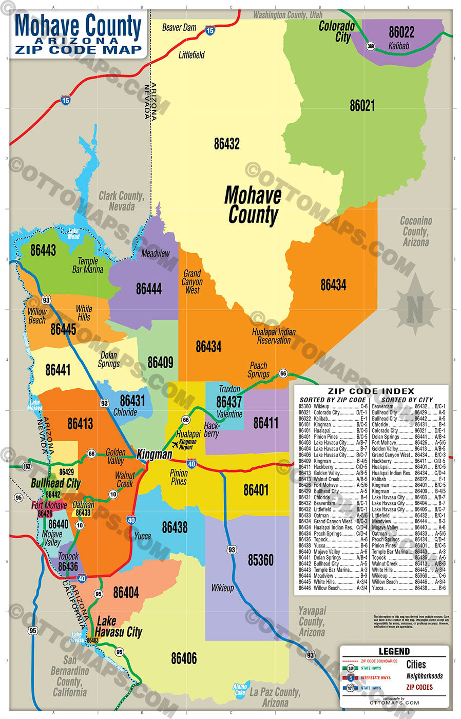 Mohave County Arizona Zip Code Map - PDF, editable, royalty free