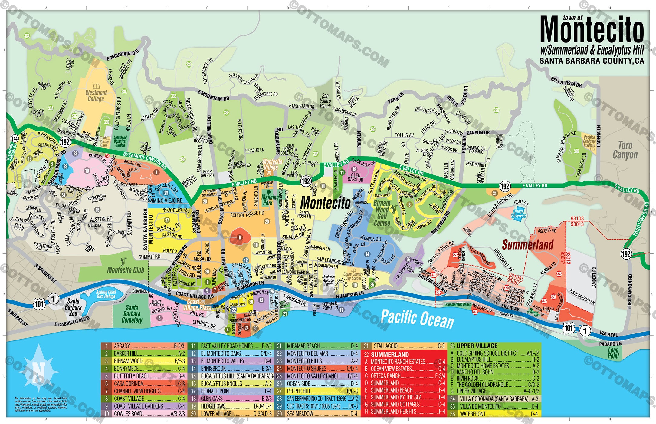 Montecito Map with Summerland and Eucalyptus Hills - Santa Barbara County, CA - FILES - PDF and AI, editable, vector, royalty free