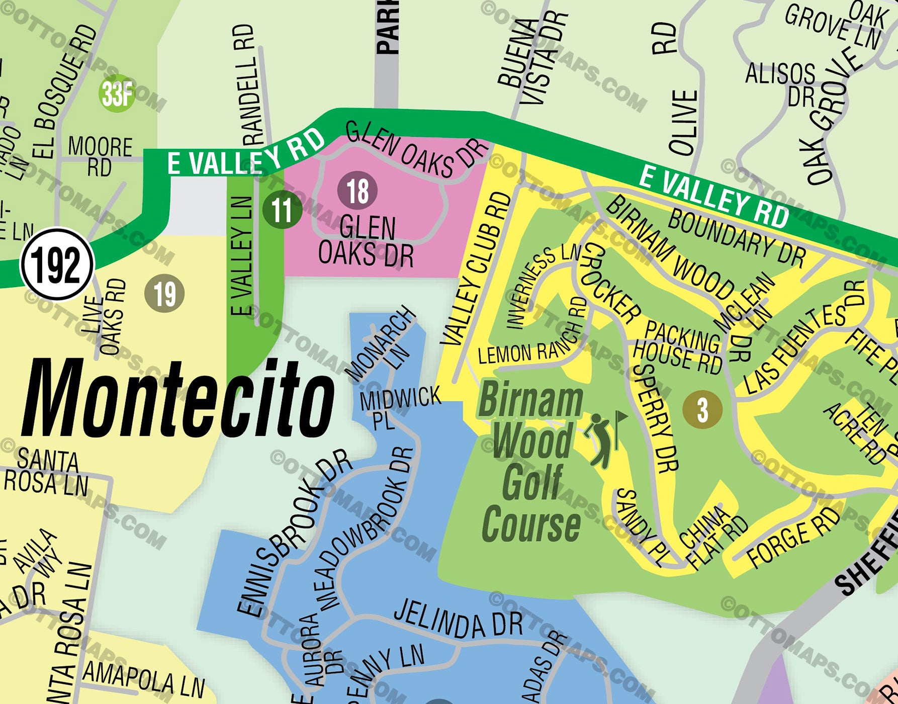 Montecito Map with Summerland and Eucalyptus Hills - Santa Barbara County, CA