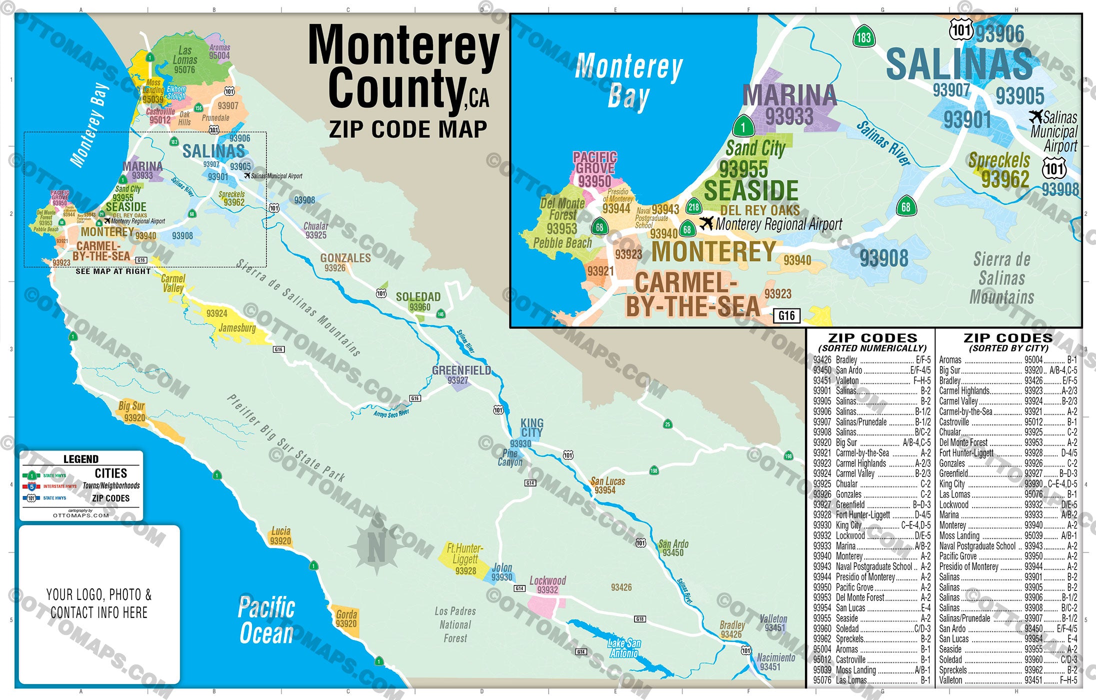 Monterey County Zip Code Map - PDF, editable, royalty free