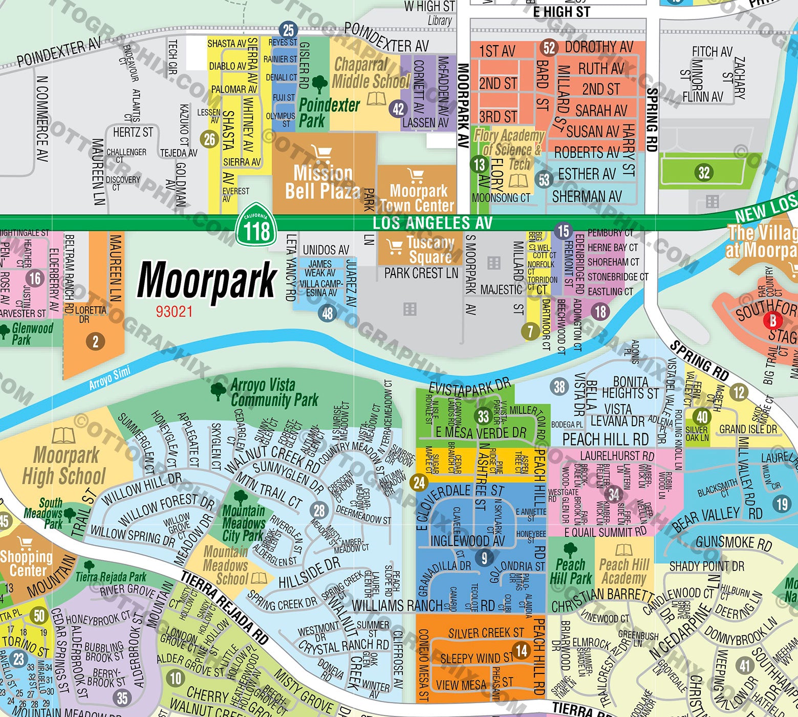 Moorpark Map with Subdivisions Ventura County, CA - FILES - PDF and AI, editable, vector, royalty free