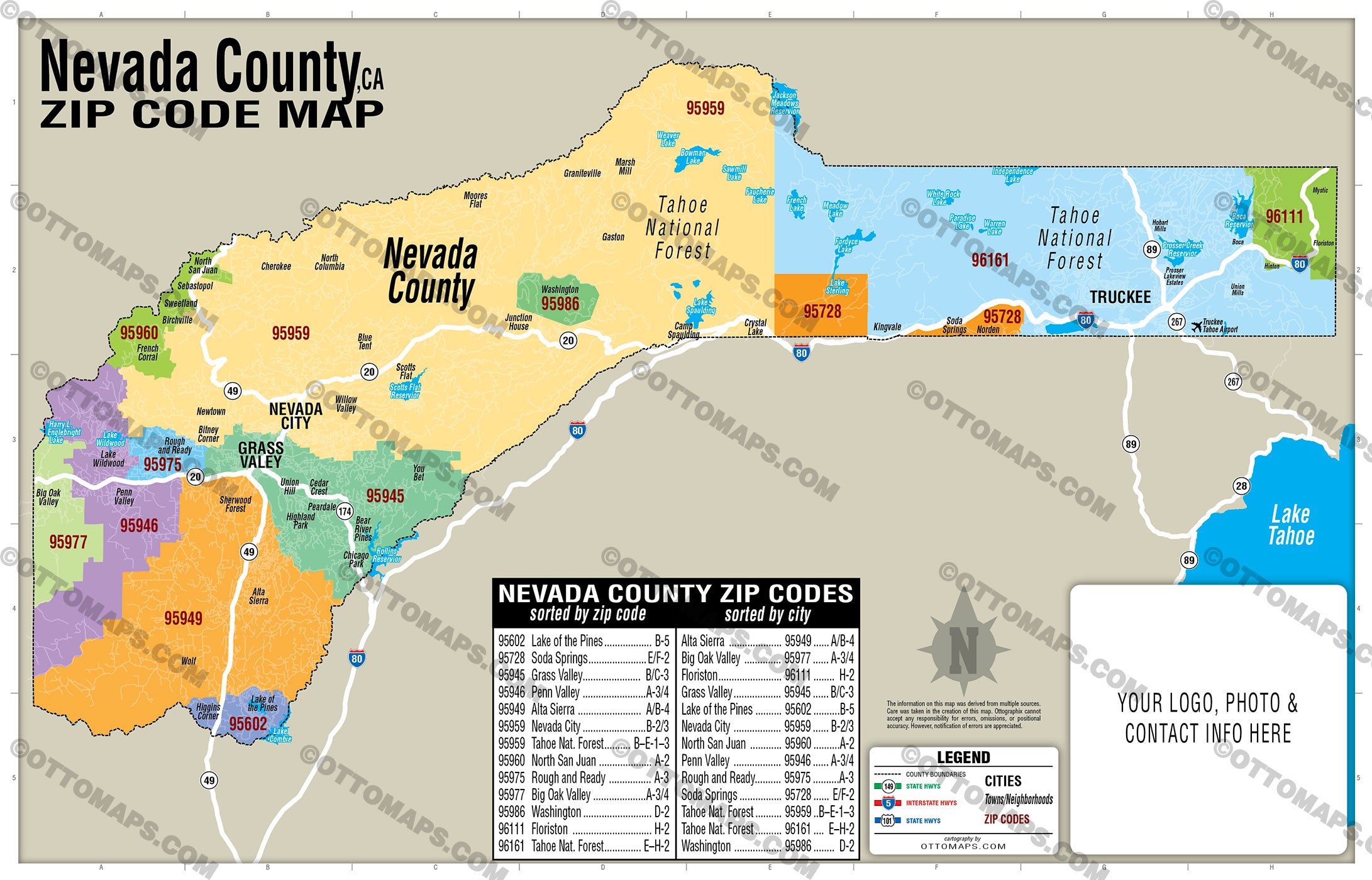 Nevada County Zip Code Map - California - FILES - PDF and AI, editable, vector, royalty free