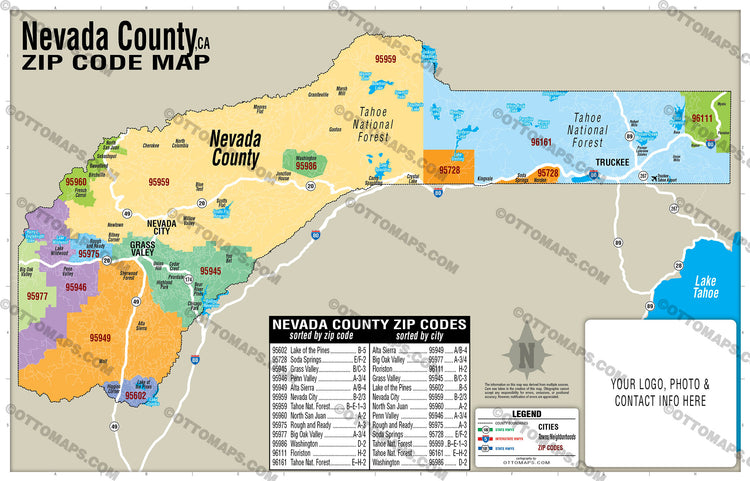 Nevada County Zip Code Map - California - FILES - PDF and AI, editable ...
