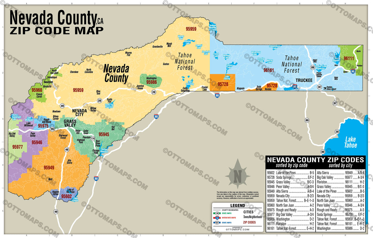 Nevada County Zip Code Map - California - FILES - PDF and AI, editable ...