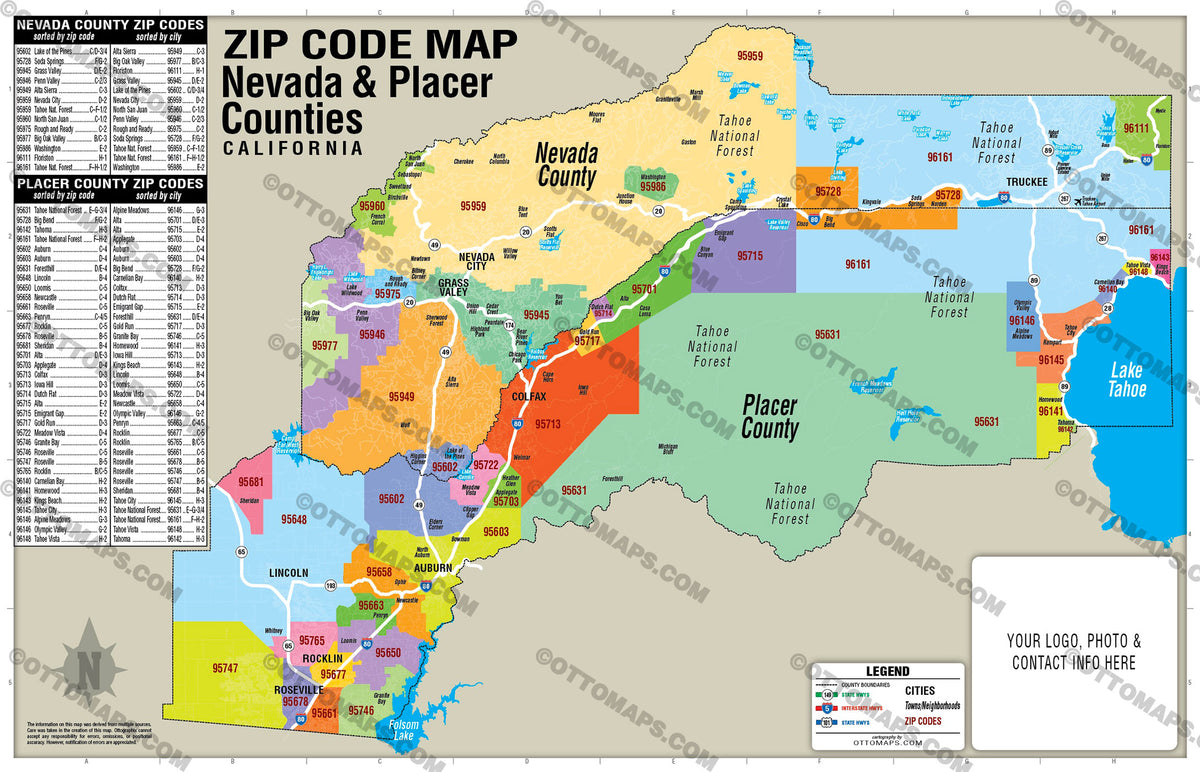 Nevada County and Placer County Zip Code Map - FILES - PDF and AI, edi ...